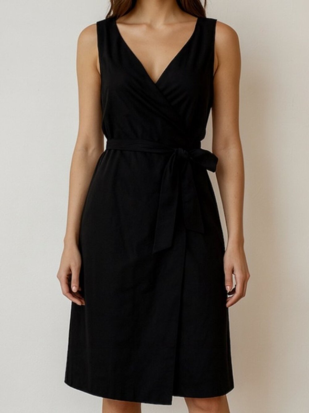 Elie Tahari Black V-Neck Faux Wrap Belted A-Line Dress Size Small